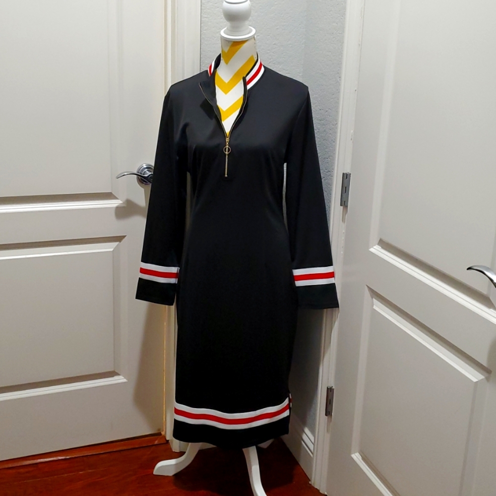 Woman's midi, dress with zipper front,Black,white and red ,New without tags